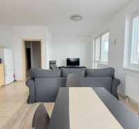 Two-room apartment with a kitchen, living room, sofa, and dining table; floor with wood decor.