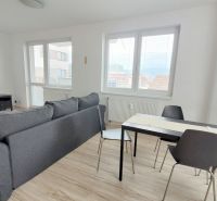 Living room with a sofa, television, and dining table in a 2-room apartment.