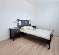 Bedroom in a 2-room apartment with a bed, nightstand, and wooden decor flooring.