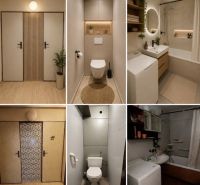 Bathrooms and toilets in a 2-room apartment with minimalist elements and decorative details.