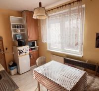 Kitchen in a 2-room apartment with a dining table, tall cabinet, and window.