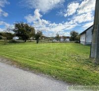 A grassy plot near a family house in Volica surrounded by trees and a clear sky.