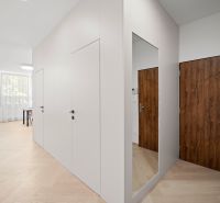 Entrance hall in a 4-room apartment with a wooden decor floor and a mirror.