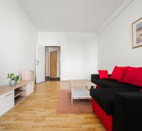 Living room with a sofa, wooden floor decor, bright interior, 2-room apartment.