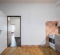 A kitchen in a 2-room apartment with tiles, a wooden decor floor, and an oven.