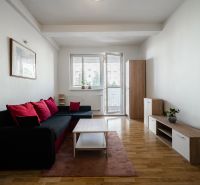 Living room in a two-room apartment with a sofa, red cushions, and a wooden-patterned floor.