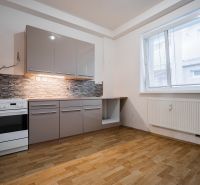 A kitchen in a 2-room apartment with gray cabinets, tiled backsplash, and a wooden decor floor.