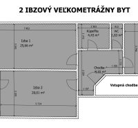 Floor plan of a 2-room apartment with large rooms, a kitchen, bathroom, toilet, and loggia.