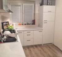 A kitchen in a 2-room apartment with white cabinets and a wood-patterned floor.