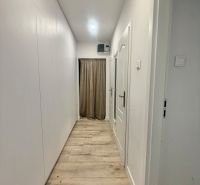 A hallway with white walls and a wooden decor floor in a 3-room apartment.