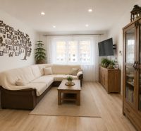 Living room in a 3-room apartment with a comfortable sofa and a wooden decor floor.