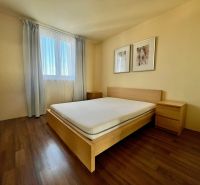 A bedroom in a two-room apartment with a bed and a wooden decor floor.