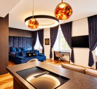 2-room apartment with a velvet sofa, wooden decor, and lighting.