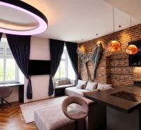 Stylish 1-bedroom apartment with a brick wall, wood-patterned flooring, and modern lighting.