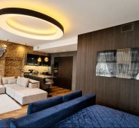 A room decorated with brick, a sofa, and modern lighting, complemented by a floor with a wooden decor.