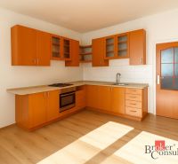 A kitchen in a 2-room apartment with wooden cabinets and a floor with a wood decor.