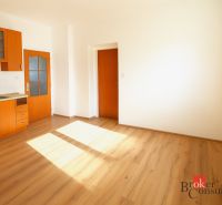 A kitchen in a 2-room apartment with an orange kitchen unit and a floor with a wood pattern.