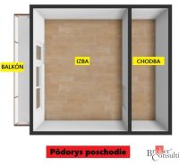 Floor plan of a 2-room apartment with a balcony and a wooden decor floor.
