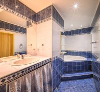 A bathroom with blue tiles and two sinks in a two-room apartment.