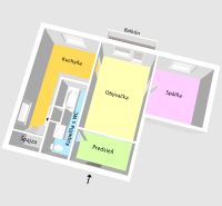 Layout of a 2-room apartment with a pantry, kitchen, balcony, hallway, and bathroom with toilet.