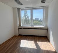 Offices with a large window and a wooden decor floor.