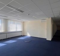 Offices with blue carpet, large windows, and a suspended ceiling on Drieňová Street.