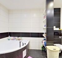 A bathroom in a 3-room apartment with a bathtub, a washing machine, and dark tiles.