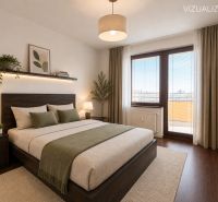 A bedroom in a three-room apartment with a wooden decor floor, a large bed, and a window to the balcony.