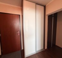 The hallway in a 3-room apartment with a white wardrobe and a wooden decor floor.