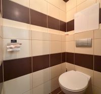 A toilet in a 3-room apartment with brown and white tiles.