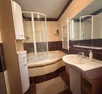 Bathroom in a 3-room apartment with a bathtub, shower, sink, and furniture.
