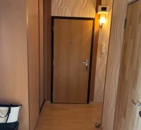 A hallway in a 3-room apartment with a wooden decor floor and a wall lamp.