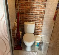 A bathroom in a 3-room apartment with a toilet, brick pattern, and cleaning products.