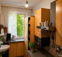 A kitchen in a family house with wooden decor cabinets and appliances.