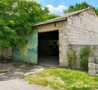 A family house in Illmitz has a brick garage with green doors and surrounding greenery.