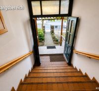 A staircase in a family house with a view of the garden through open doors.