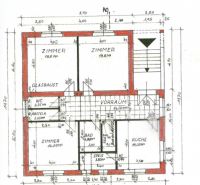 Floor plan of a family house with the layout of rooms, bathroom, kitchen, and hallway.