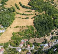 Aerial view of properties - housing around Obrancov Mieru Street, Banská Štiavnica.