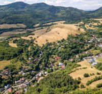 Aerial view of properties - housing in Banská Štiavnica on Obrancov Mieru Street.