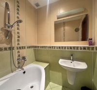 A bathroom in a 4-room apartment with a bathtub, sink, and mirror.