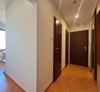 A hallway in a 4-room apartment with tiles and wooden doors.