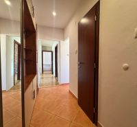 Hallway of a 4-room apartment with tiles, in the background a floor with a wooden decor.