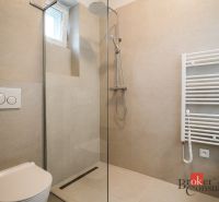 A shower corner with a toilet and a radiator in the bathroom of a 3-room apartment.