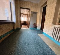 A hallway with carpet in a family house with a view of another room.