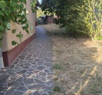 A sidewalk next to a family house in the village of Ladice surrounded by greenery and dry grass.