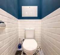 A bathroom in a two-room apartment with white tiles and dark blue walls.