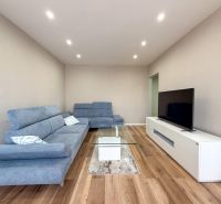 Living room in a two-room apartment with a wooden decor floor and modern furniture.