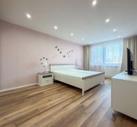 A bright bedroom with wood-patterned flooring in a two-room apartment.