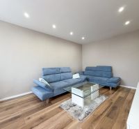 Living room with a blue sofa and a glass table, floor with a wooden decor.