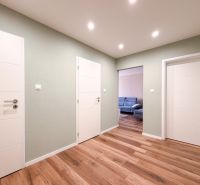 A hallway in a 2-room apartment with a wooden decor floor and white doors.